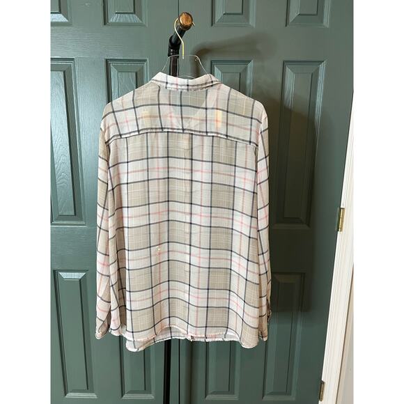 Sheer Plaid Button Up Shirt Long Sleeve‎ Top with Pocket Casual - Picture 2 of 6